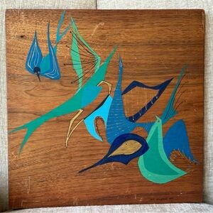 Vintage MCM Blue and Gold Abstract Wall Art Painted Birds on Wood